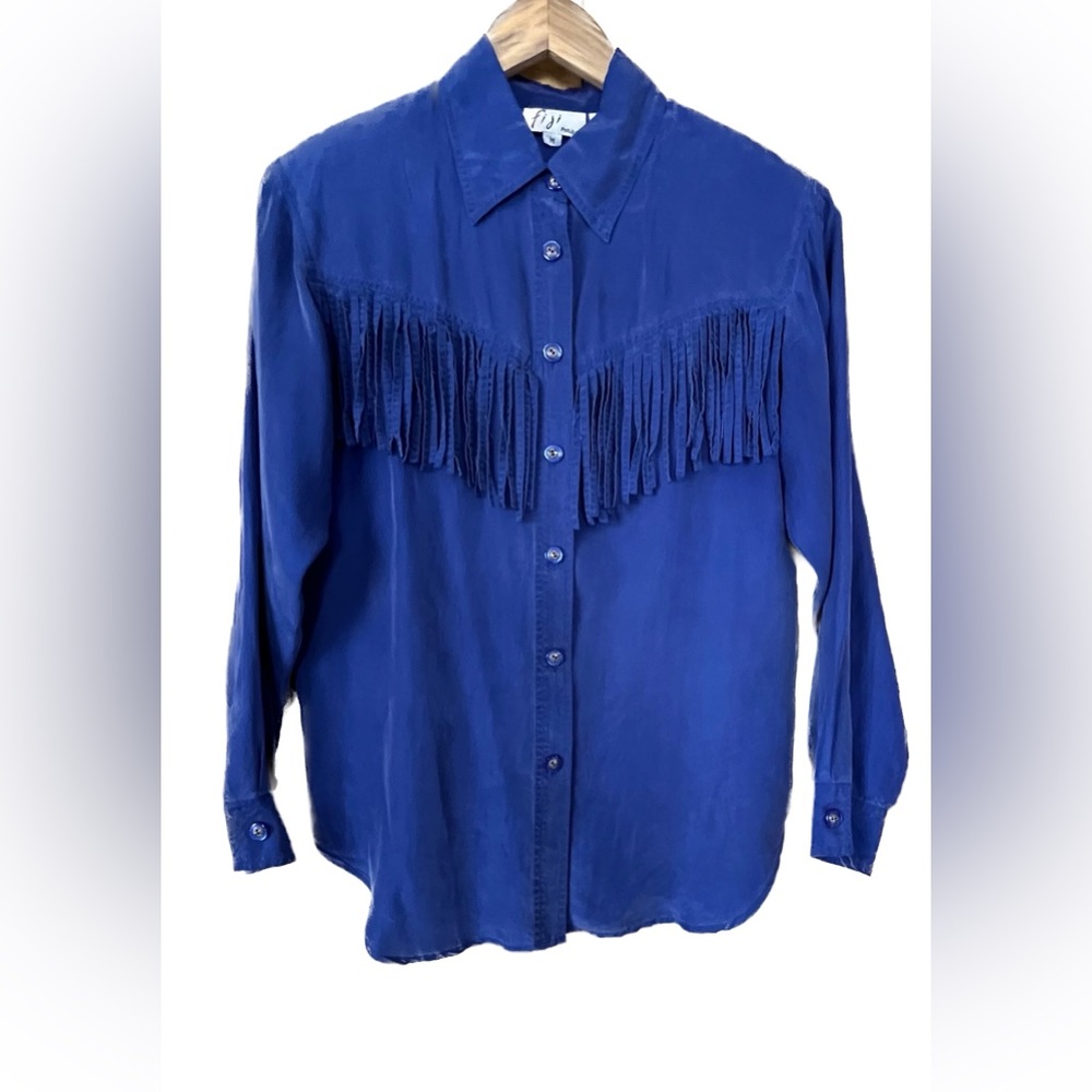 Vintage 90s 100% silk blue fringe blouse - size medium petite